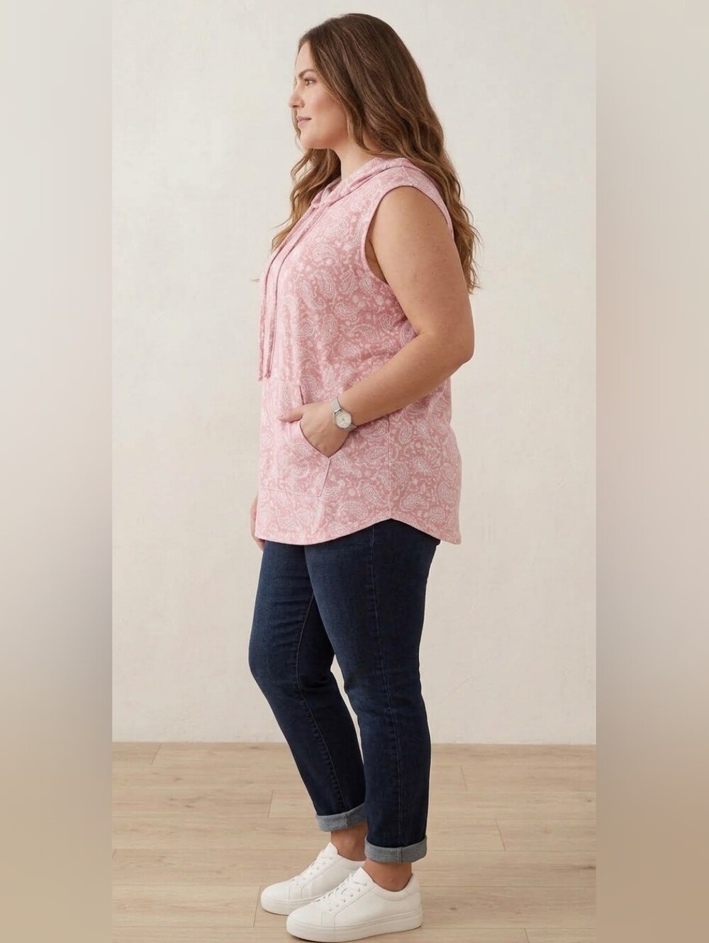 LuLaRoe Pink Paisley Print Sleeveless "Brittany" Hooded Tank Top Size Large NWT - Picture 13 of 13